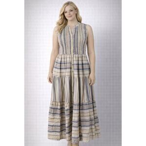 Laurel Grey Plus XXL Sleeveless Striped Summer Tier Maxi Dress Lined Cottagecore